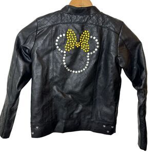 Disney Minnie Mouse Faux Leather Girls Jacket Black Moto Zip Up Youth Size 9/10